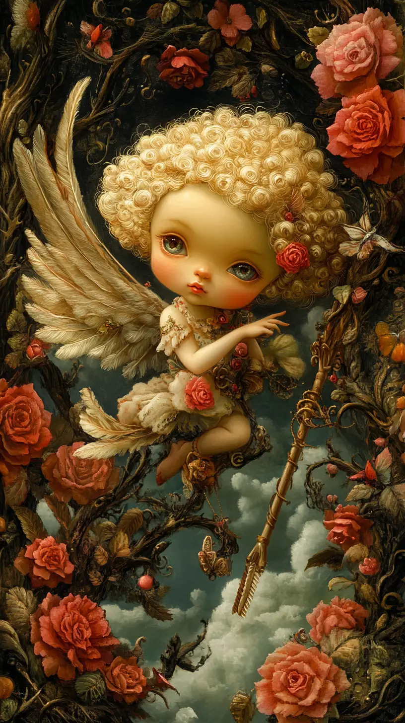 Whimsical cupid in a vibrant romantic fantasy illustration