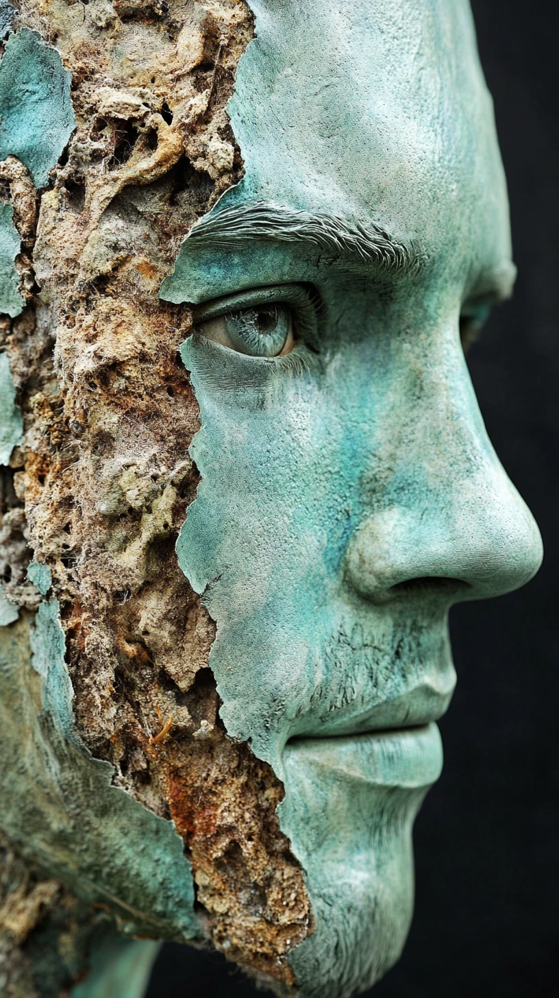 Surreal male face sculpture fused with lush natural growth