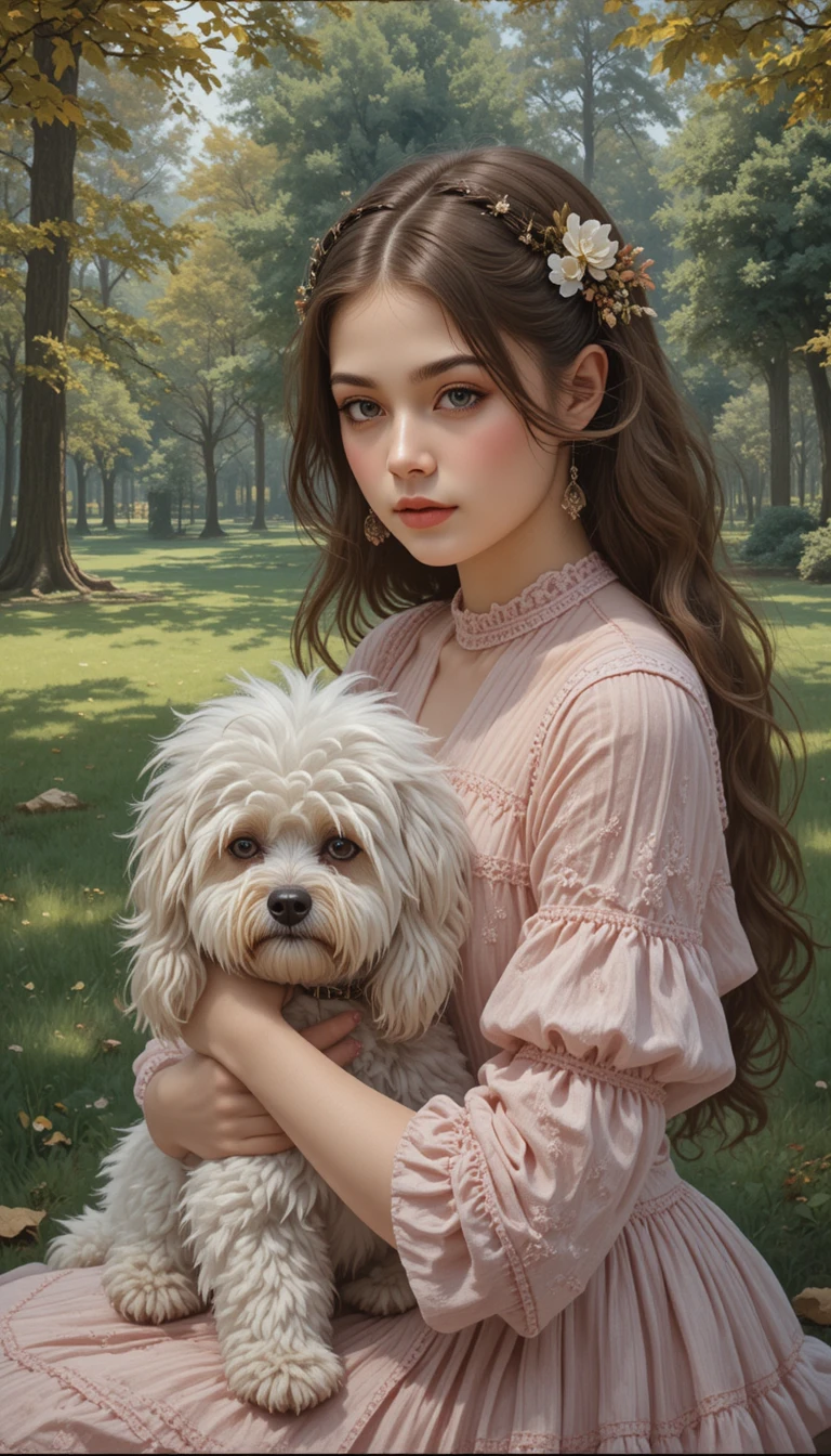 Elegante junge Frau in einem Park mit einem flauschigen Hund