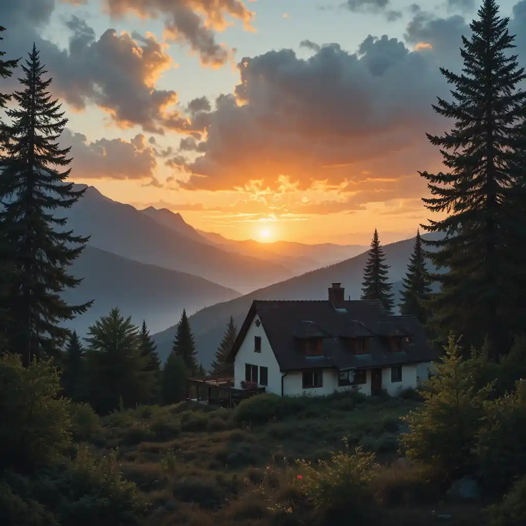 Mountain house at sunrise with trees and soft clouds
