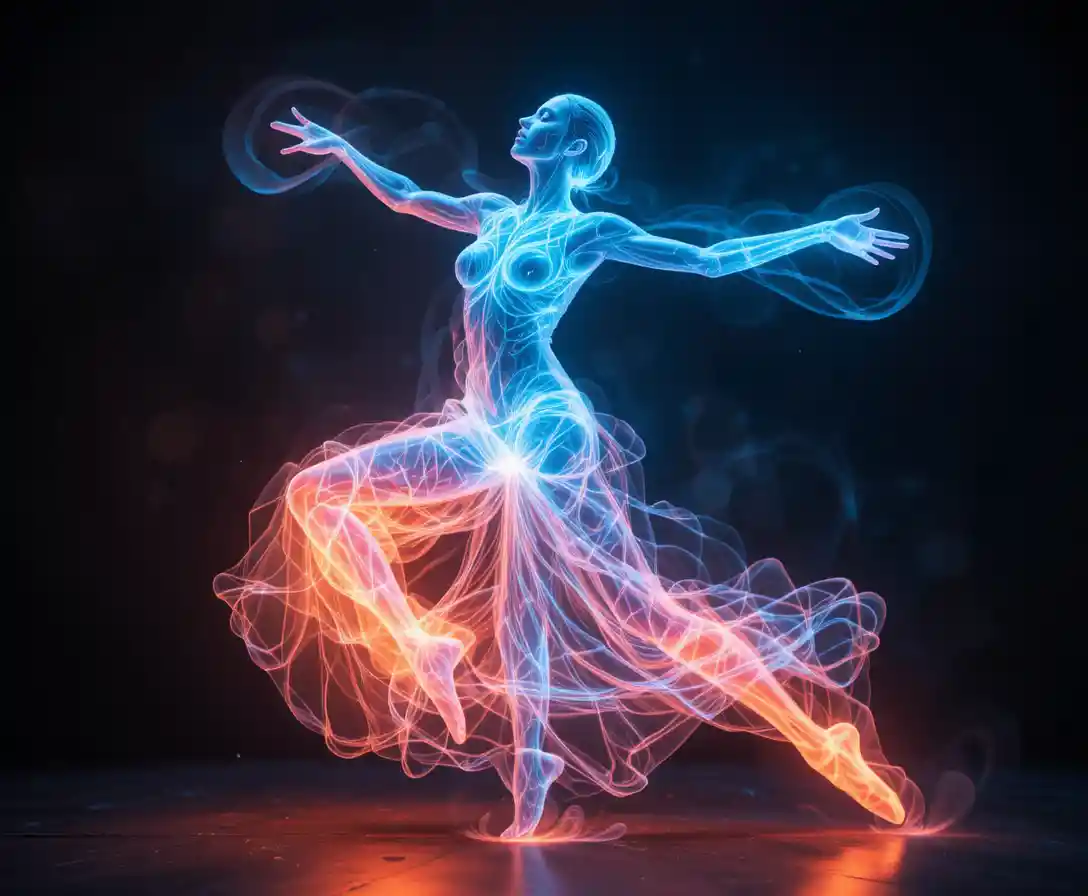 Dancer Leaping As A Neon Liquid Light Silhouette