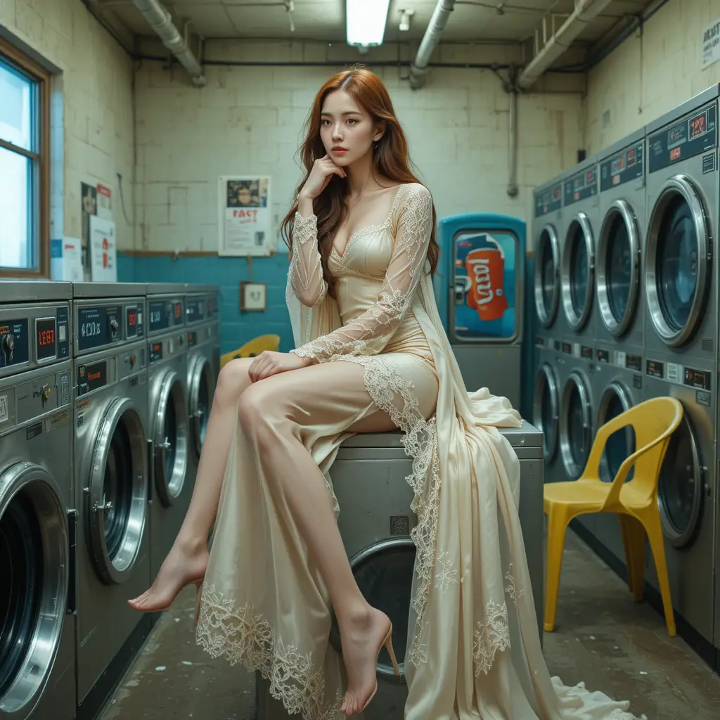 Korean woman in silk nightdress on laundromat washing machine