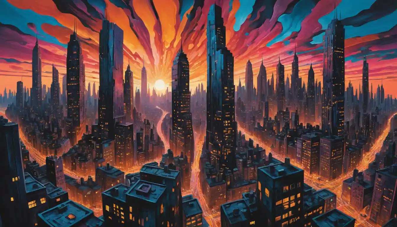 Surreal cityscape with melting skyscrapers at colorful dusk
