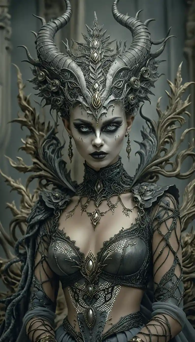 Regina demoniaca fantasy su trono barocco ornato - ritratto