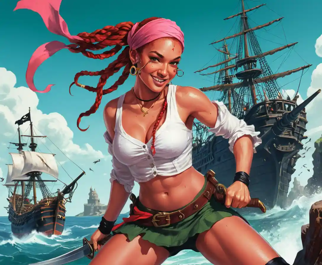 Colorful comic battle of a pirate frigate at sea