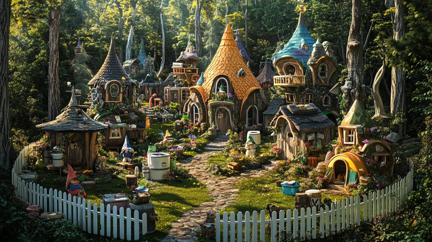 Aldea Fantasiosa de Gnomos Hecha con Equipo de Camping
