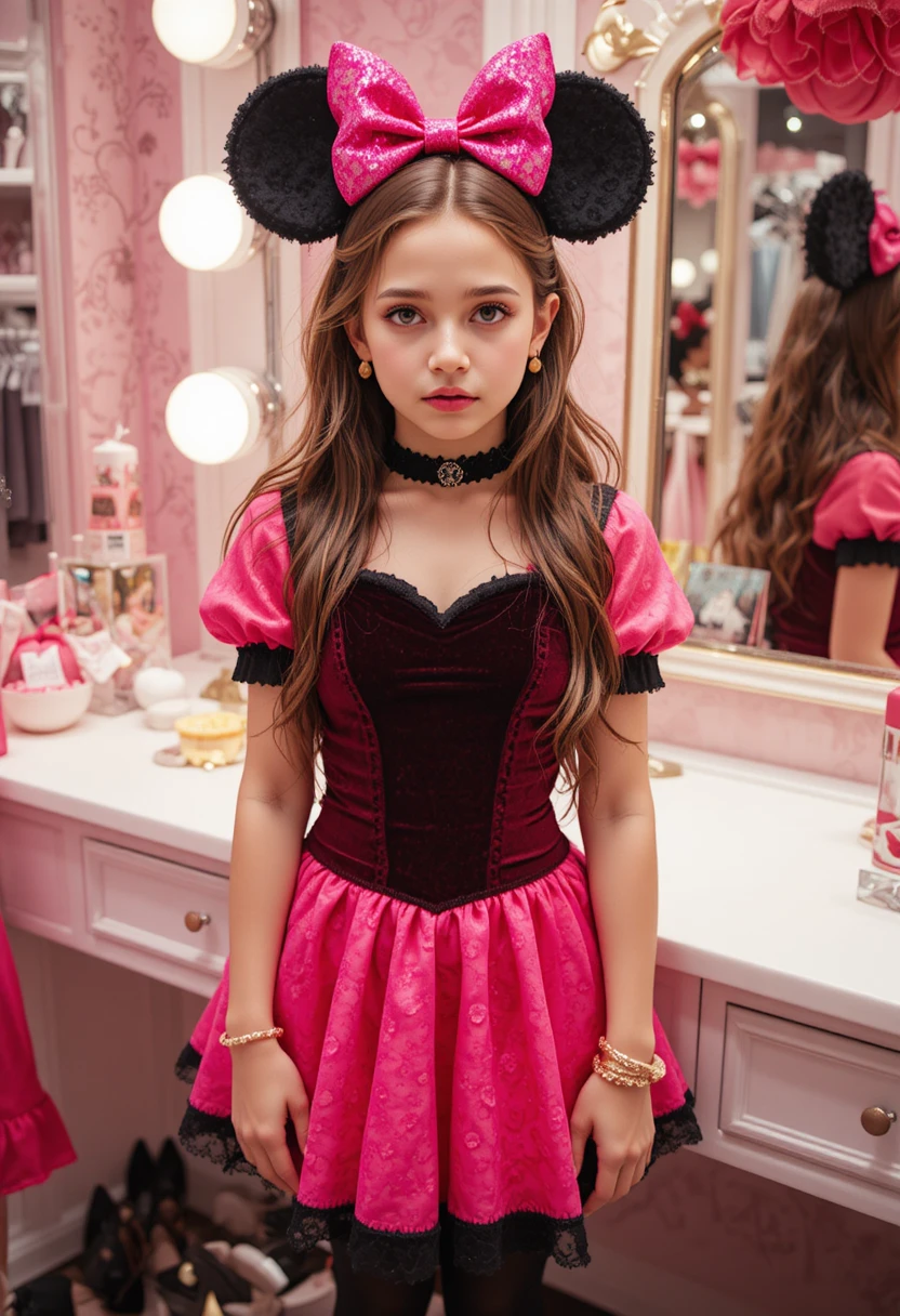 Tween boy in pink Minnie style dress at boutique vanity