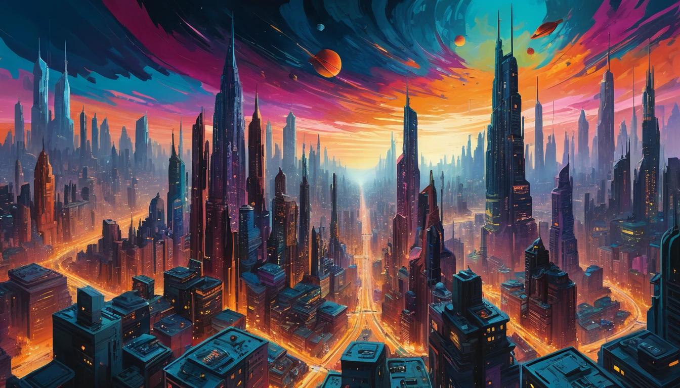 Surreal cityscape at dusk twisting into a painted labyrinth