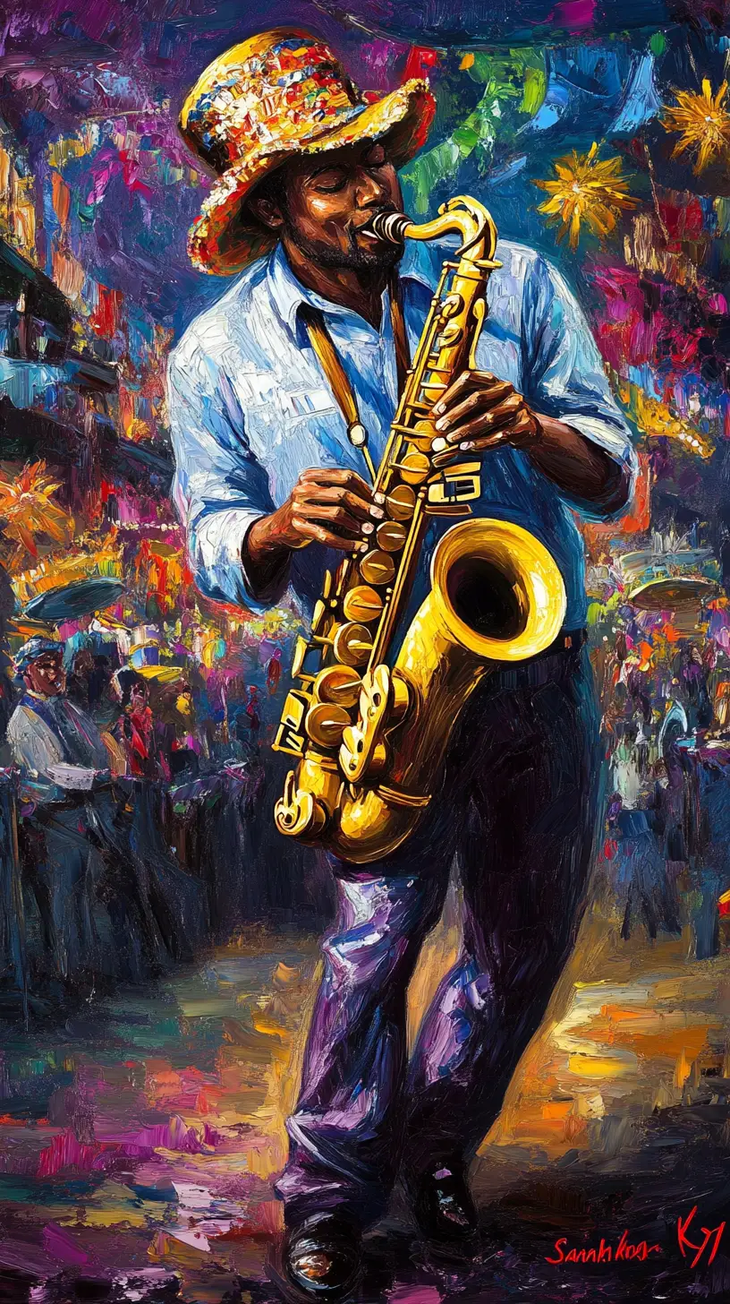 Musicista nero di sax a un vivace festival di strada di Mardi Gras