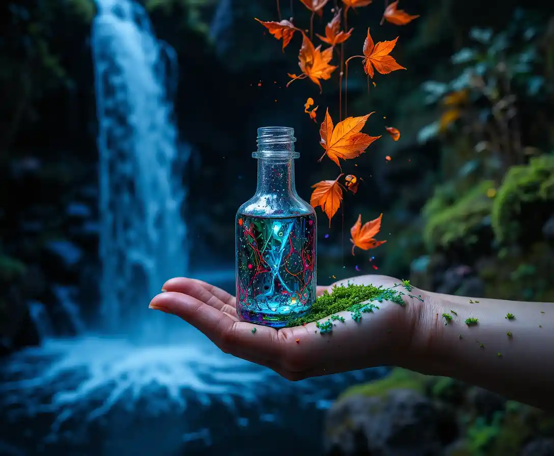 Artista que recoge pigmentos vivos de una cascada mística