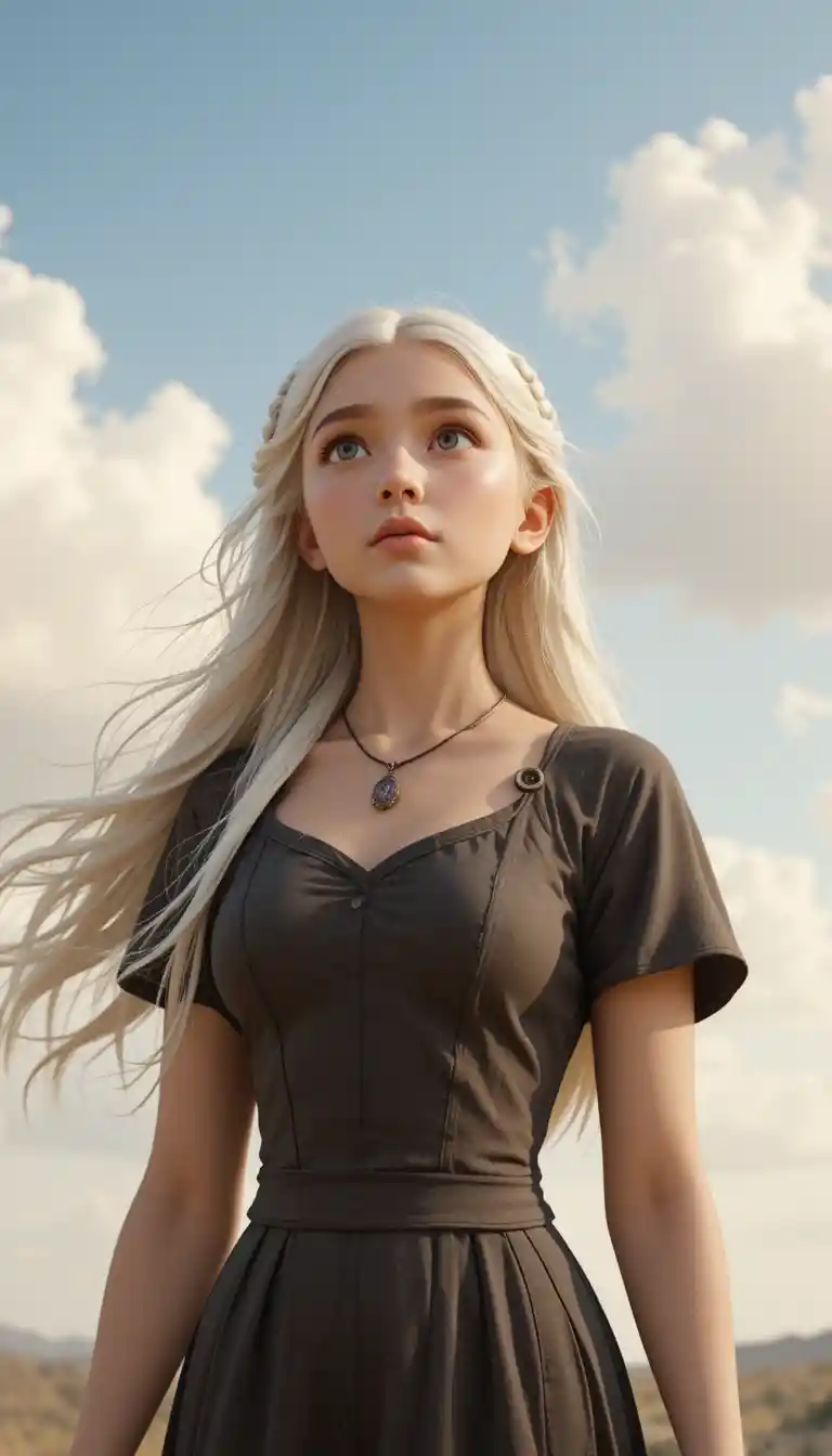Serene fantasy woman beneath a pale open sky