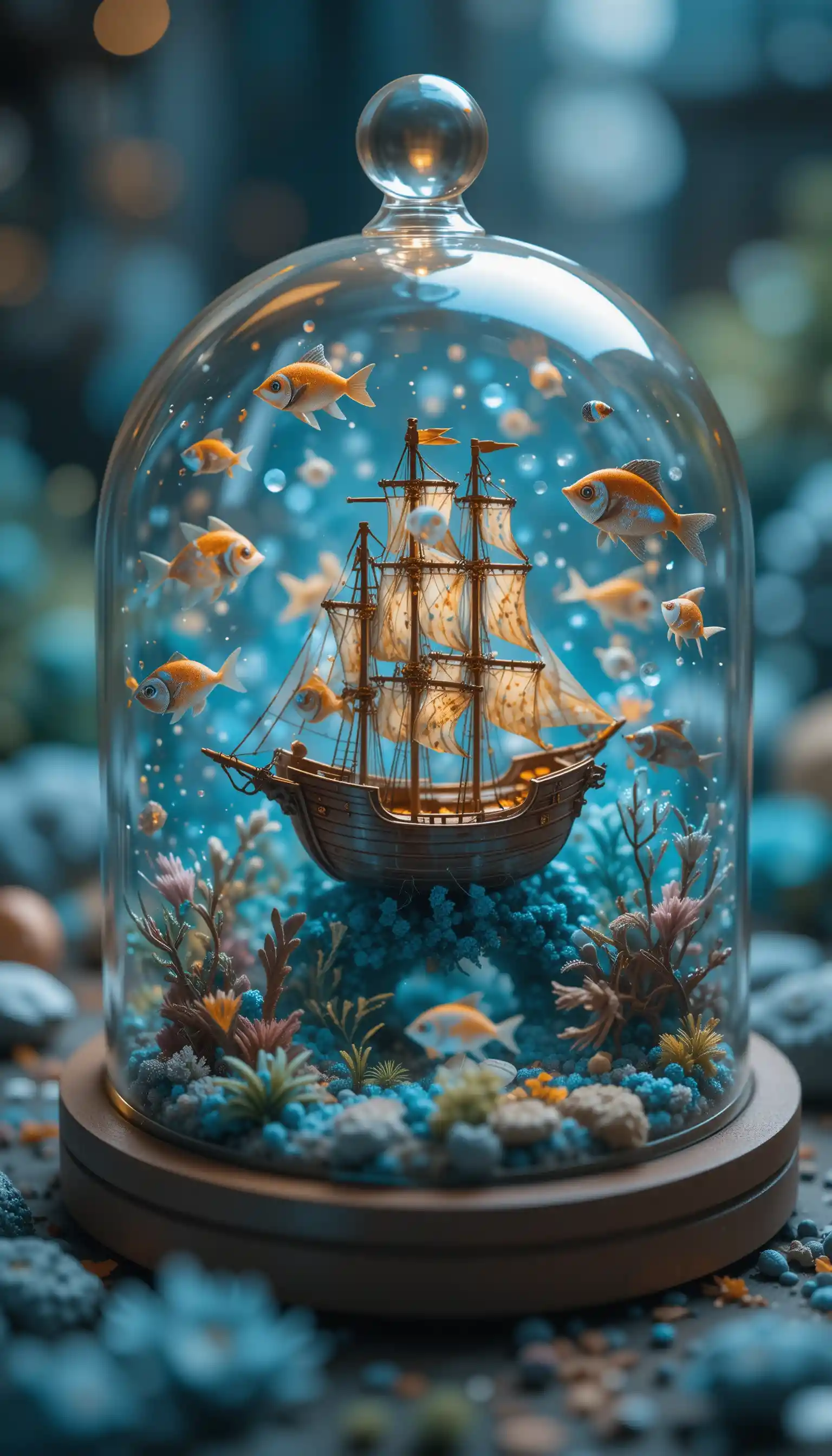 Miniature sunken ship under glass dome with paper sea life