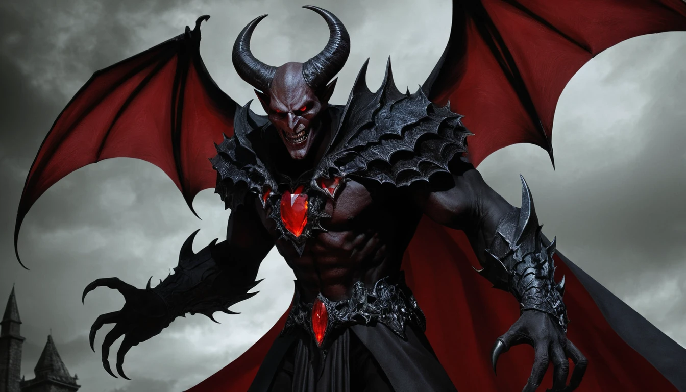 Towering crimson demon with horns wings and void black cape