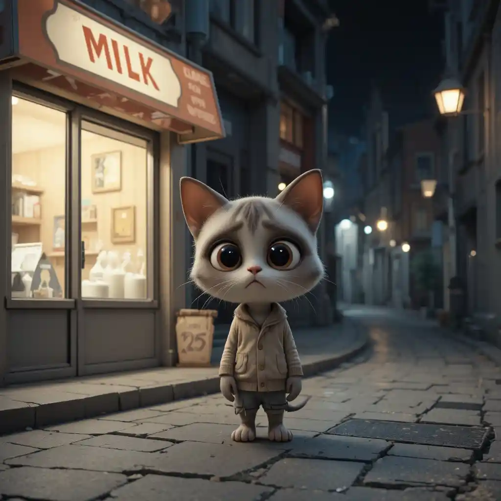 Gatto 3D triste in piedi fuori da una latteria chiusa di notte