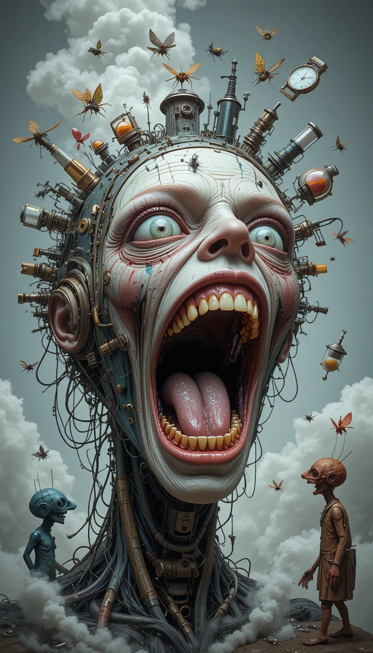 Surreal distorted human face with mechanical insects erupting