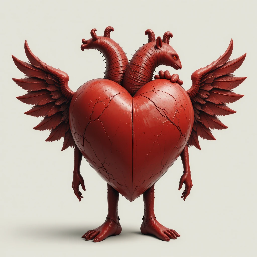 Red heart with wings hands and feet looking lonely