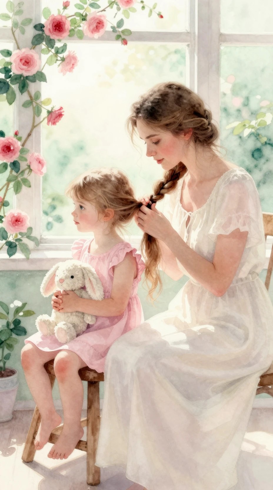 Mother braiding her daughters hair in soft watercolor light