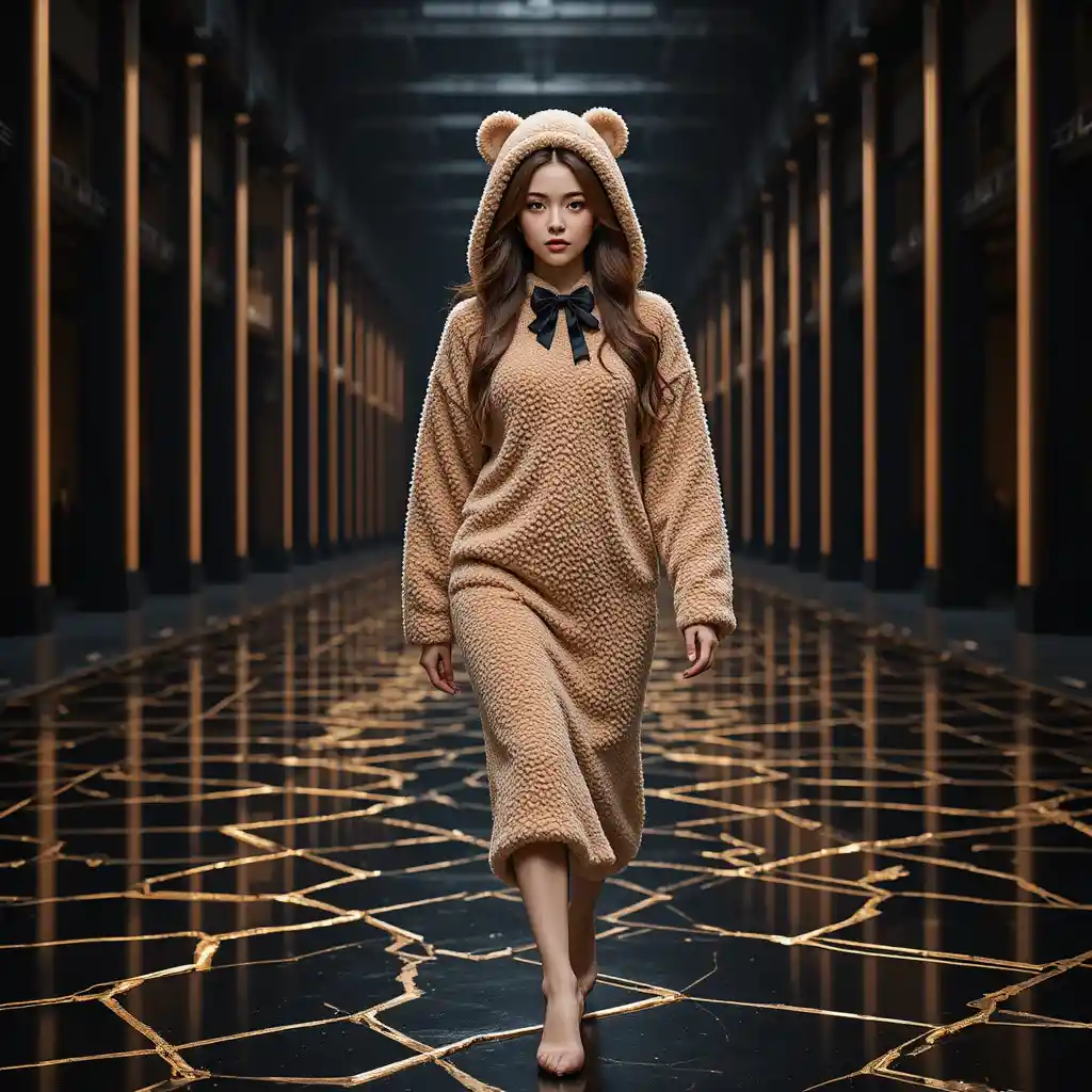 Korean model in sherpa teddy dress on reflective runway