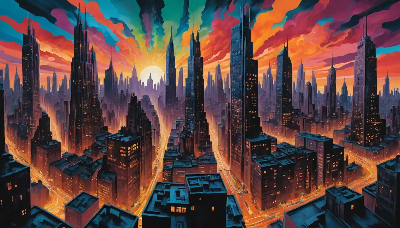 Surreal cityscape at dusk with melting skyscrapers