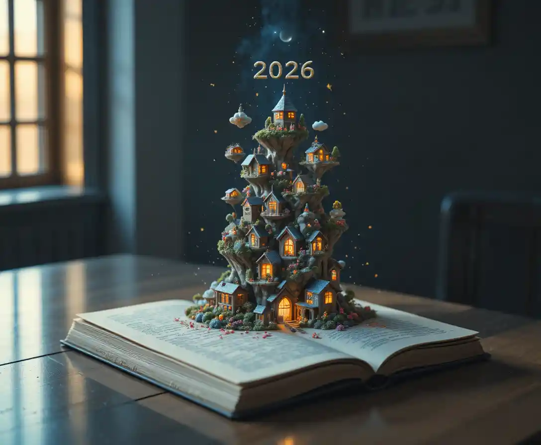 Open sketchbook releasing a glowing miniature fantasy world