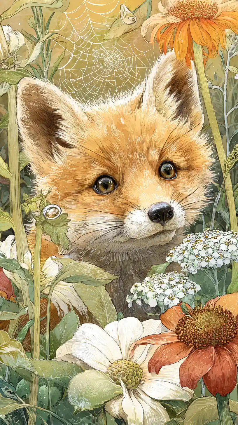 Playful fox cub peeking from wildflowers in sunny meadow