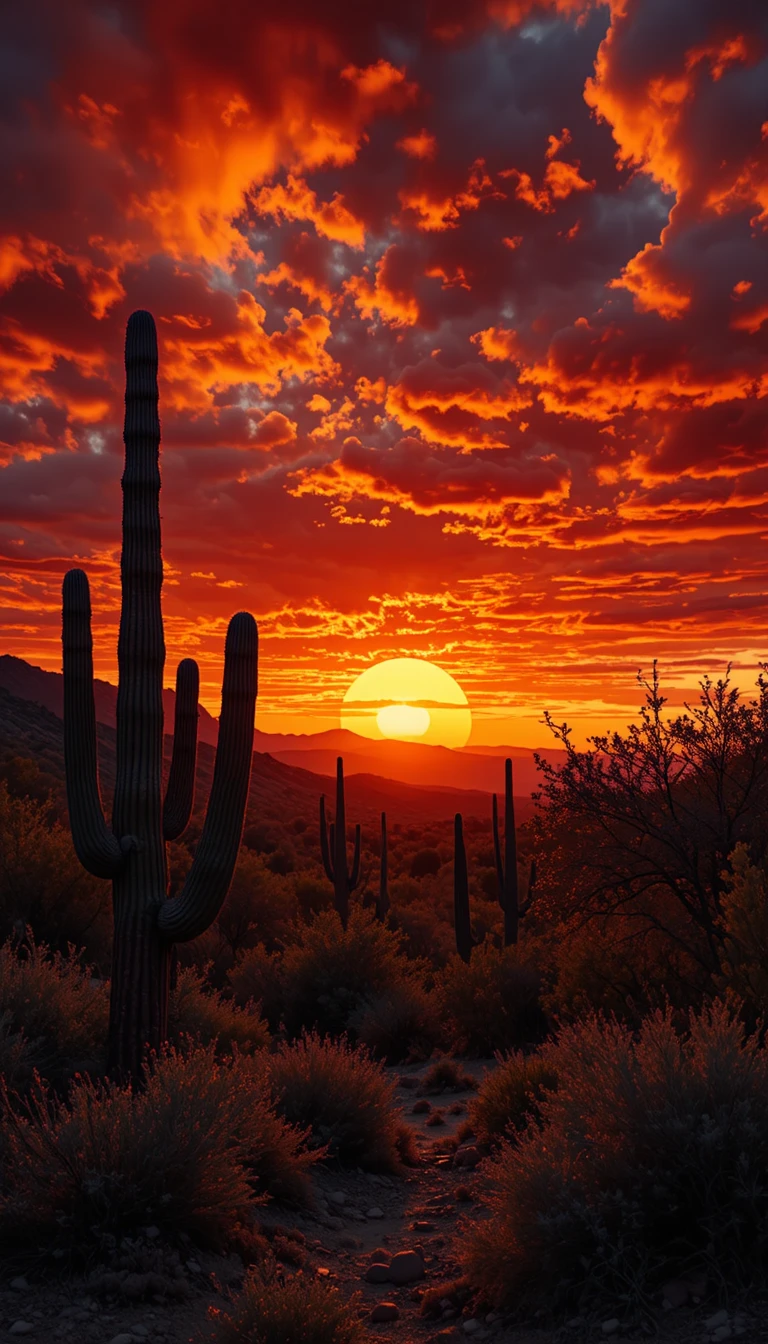 Atardecer ardiente en el desierto con cactus en silueta intensa