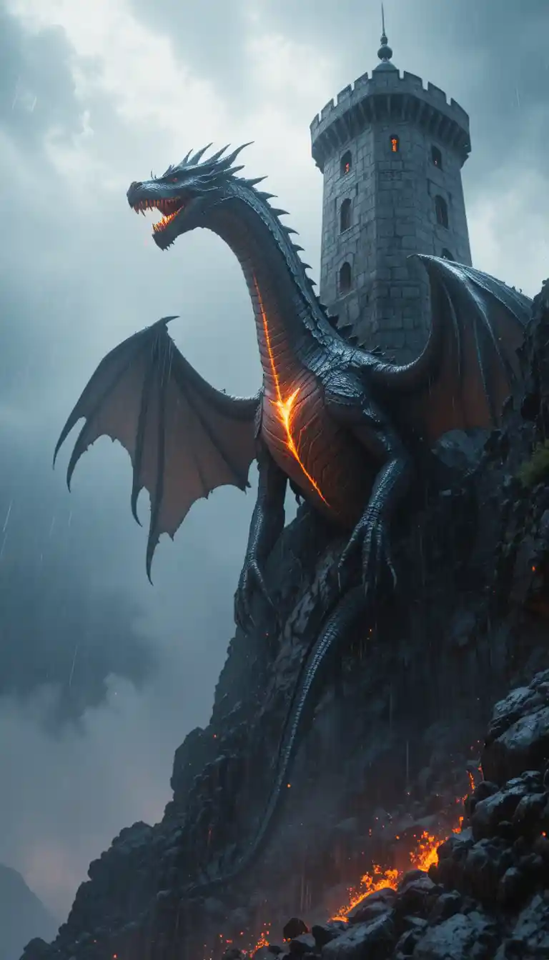 Ancient dragon roaring over a stormy medieval fortress