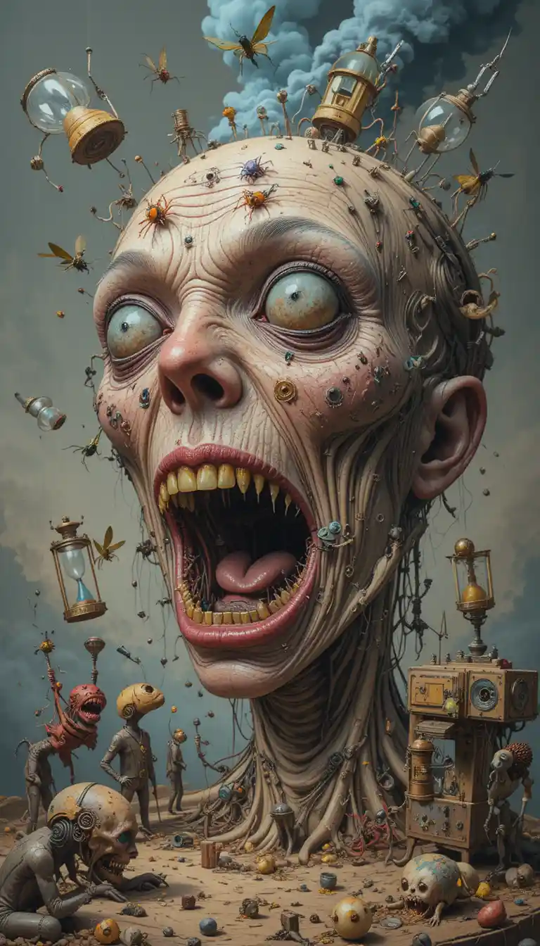Rosto surreal distorcido com insetos mecânicos e fumaça