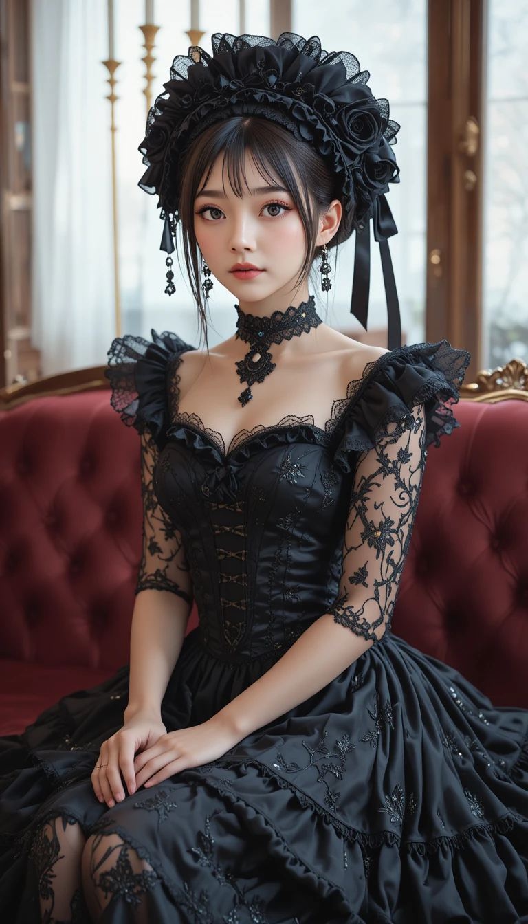 Gothic lolita anime girl on a crimson sofa