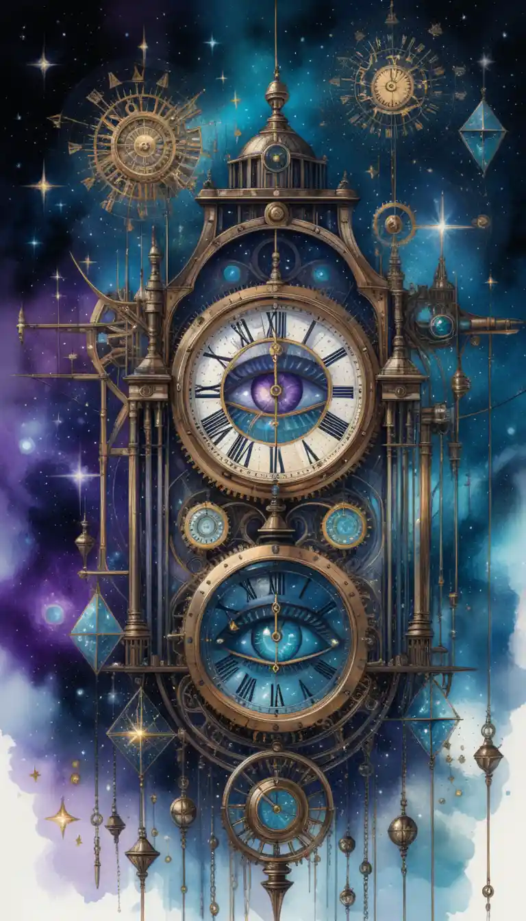 Surrealer Steampunk-Uhrturm mit beobachtenden Augen im Weltraum