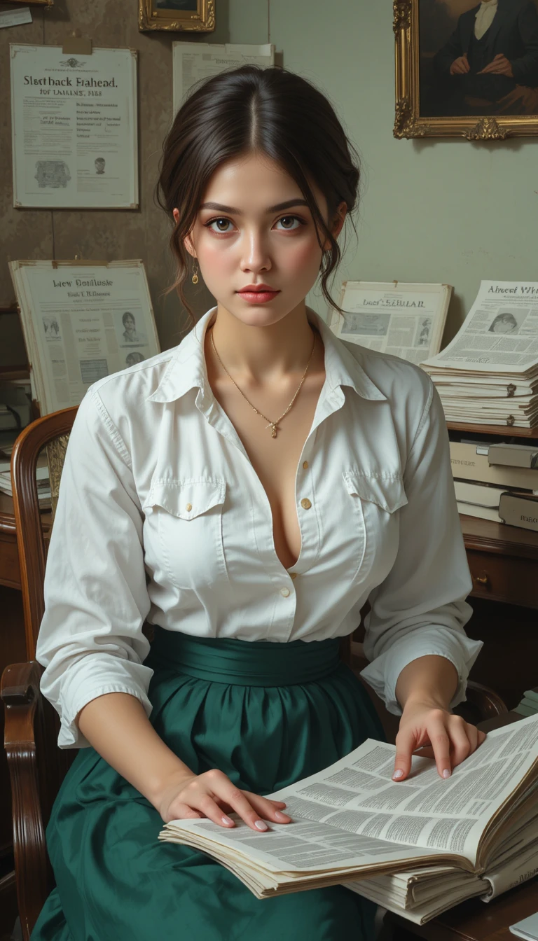 Giovane donna in camicia bianca che legge i giornali alla scrivania