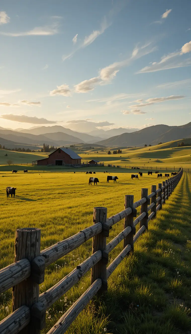 Cattle ranch at golden hour with barn and mountains
