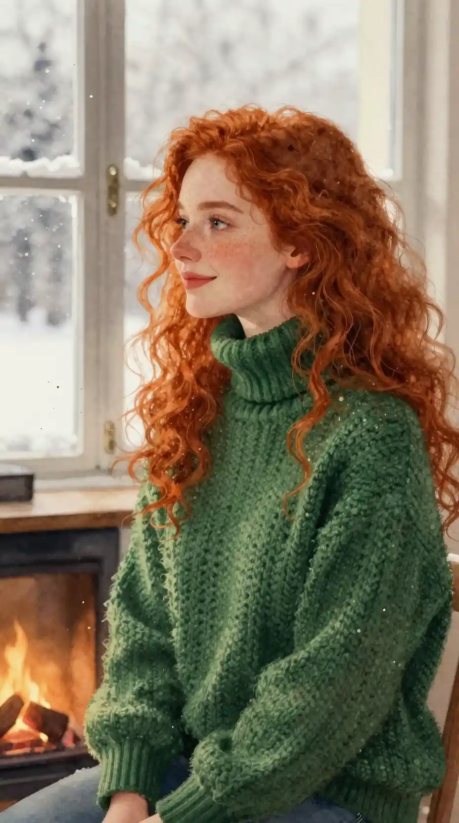 Red haired girl in green sweater by a winter window