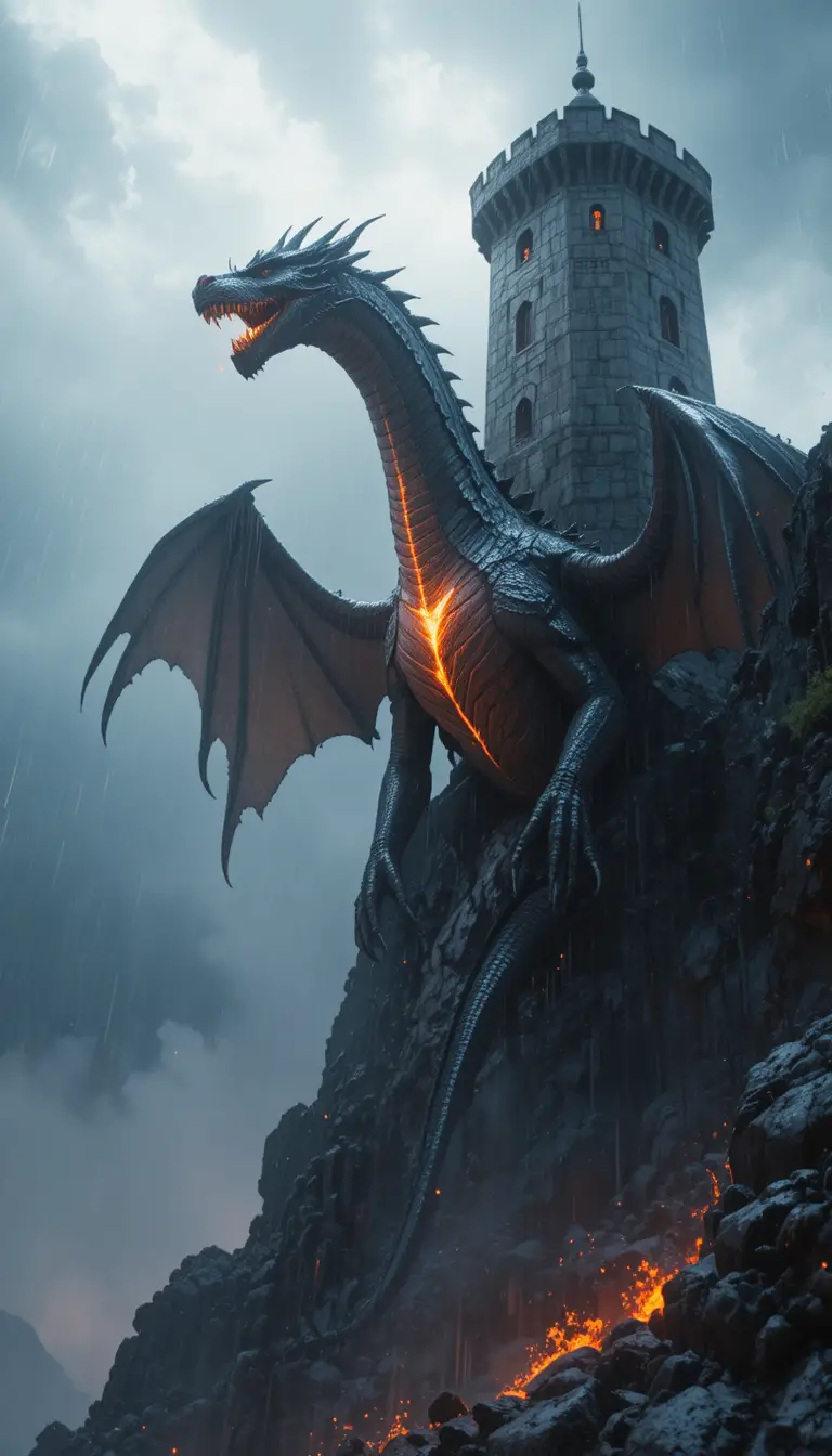 Ancient dragon roaring over a stormy medieval fortress