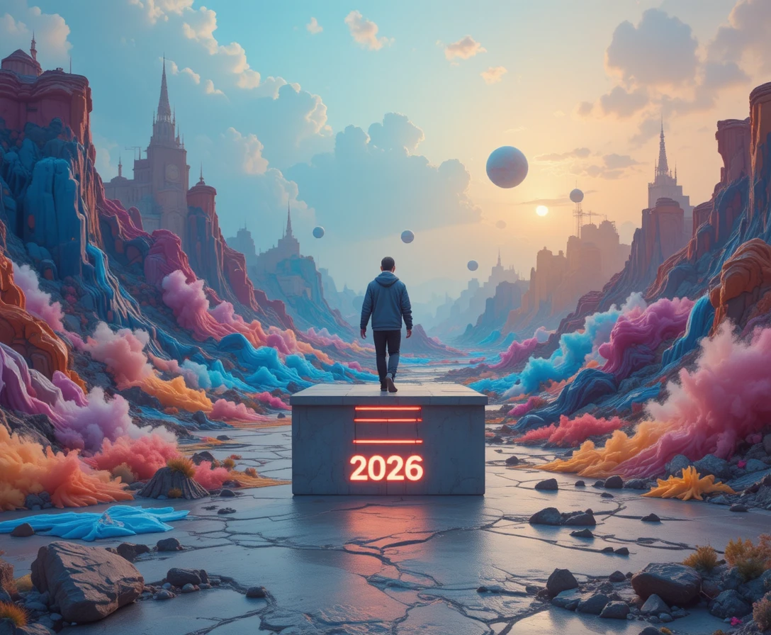 Persona que pasa de una plataforma gris a un mundo surrealista y colorido