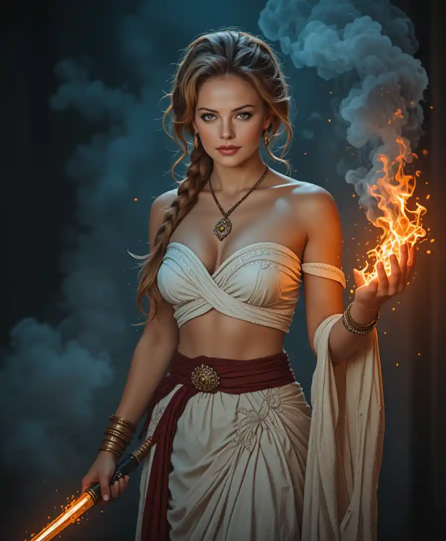 Ancient warrior priestess with flaming katana and magic