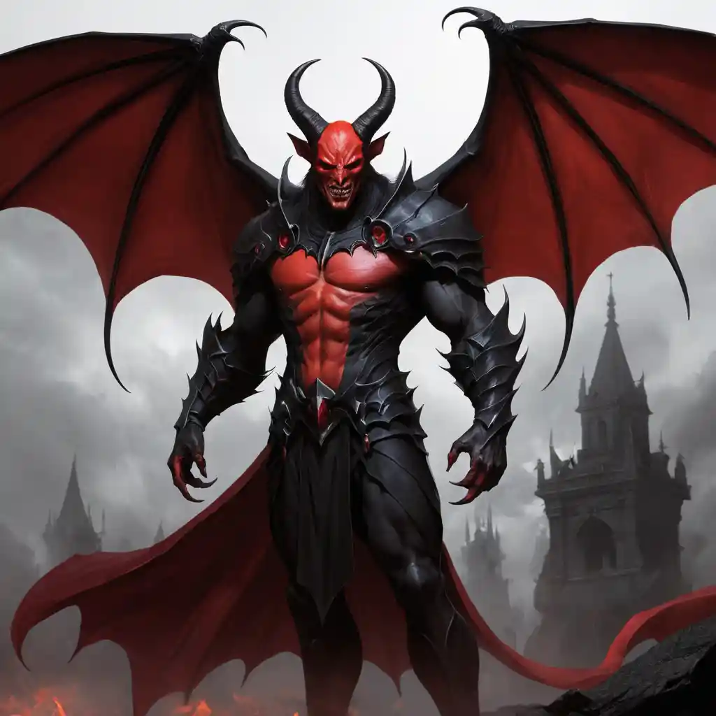 Towering crimson demon with wings horns and dark cape