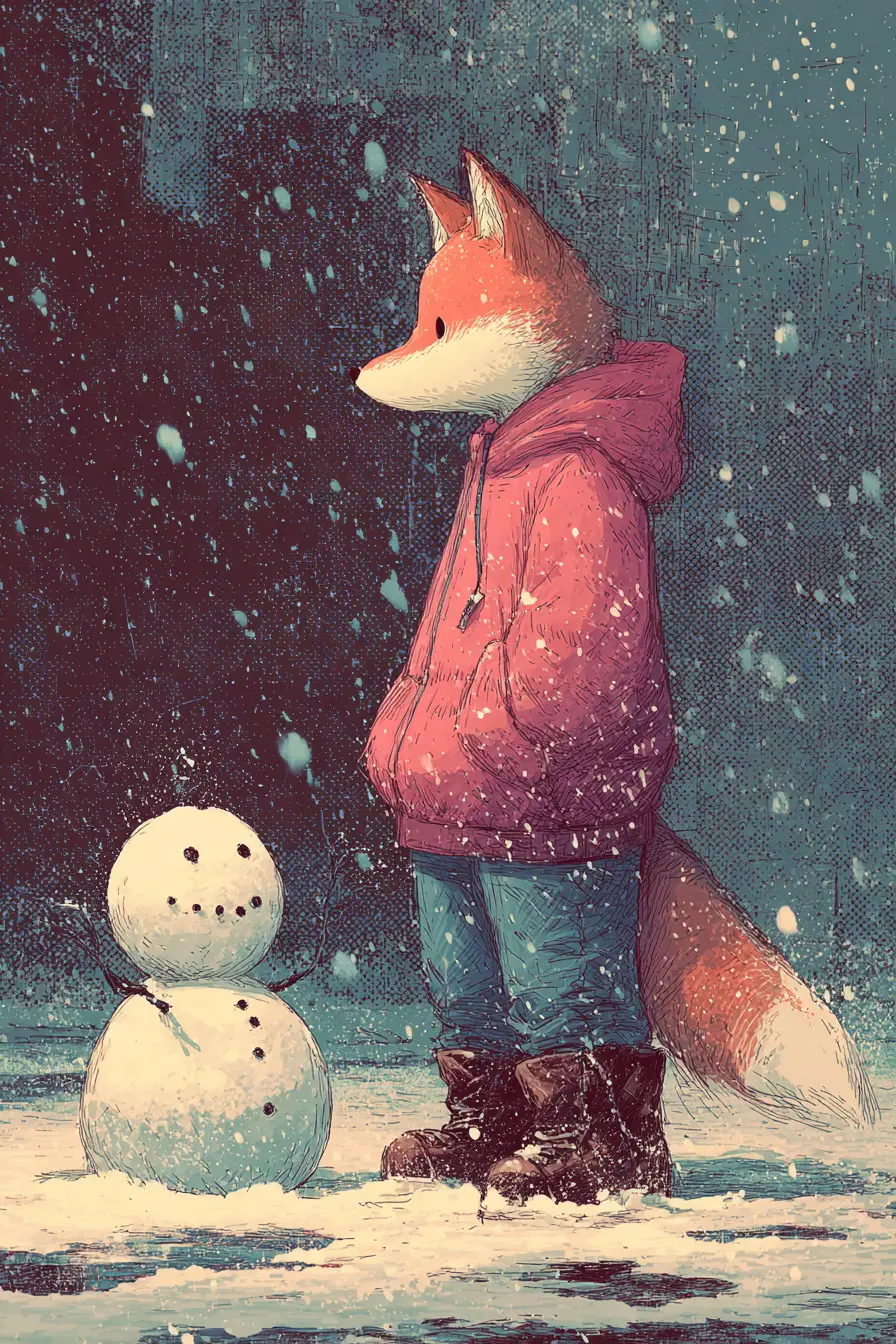Anthropomorphic fox building a snowman in winter city