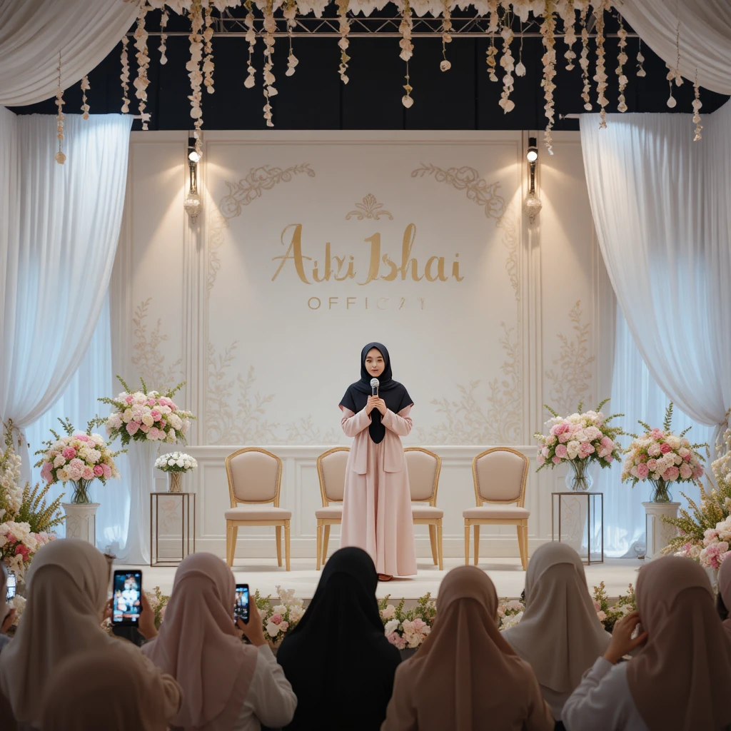 Muslim girl speaking confidently on a decorated Islamic stage