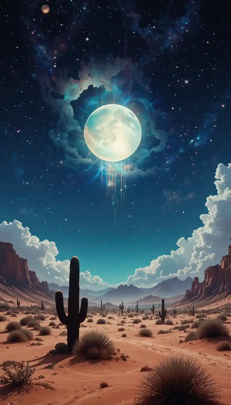 Desierto surrealista bajo una luna llena resplandeciente en tonos azules