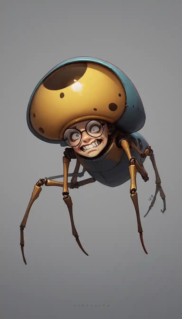 Surreal distorted face with mechanical insects and floating objects
