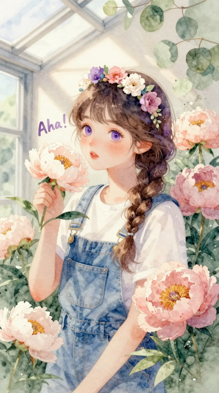 Watercolor girl portrait with flowers and soft sunlight