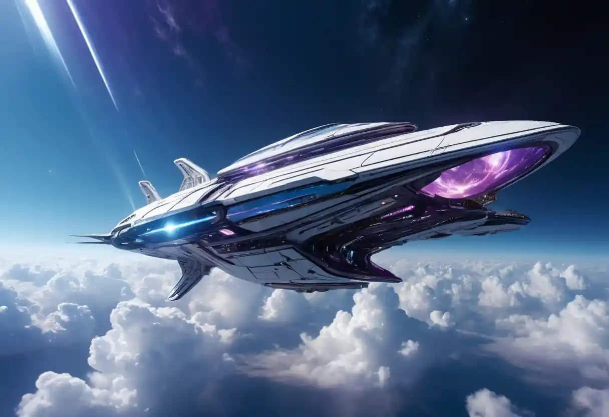 Futuristic spaceship soaring through glowing celestial clouds