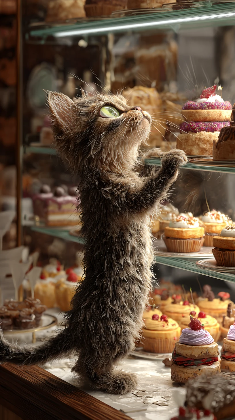 Zerzauste Katze vor einer Bäckerei-Vitrine, die leckere Desserts beäugt