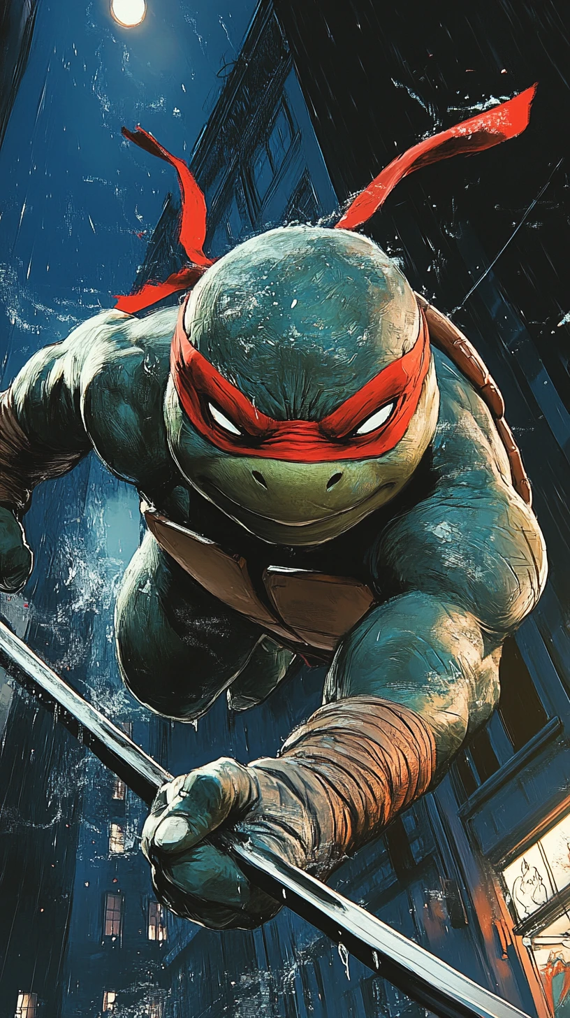 Tartaruga ninja saltando para a ação em uma cidade sombria