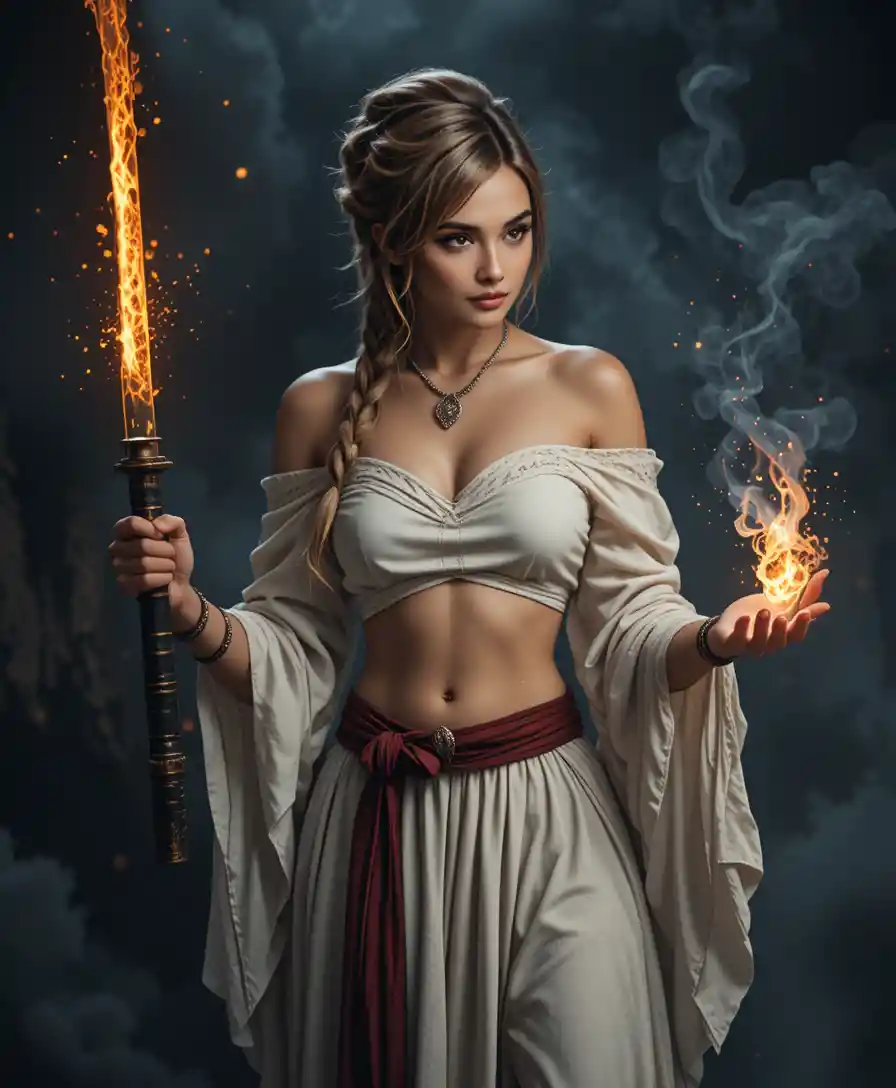 Anciana sacerdotisa guerrera con espada llameante y magia