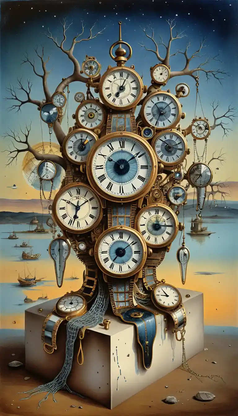 Máquina del tiempo steampunk surreal con ojo de reloj cósmico