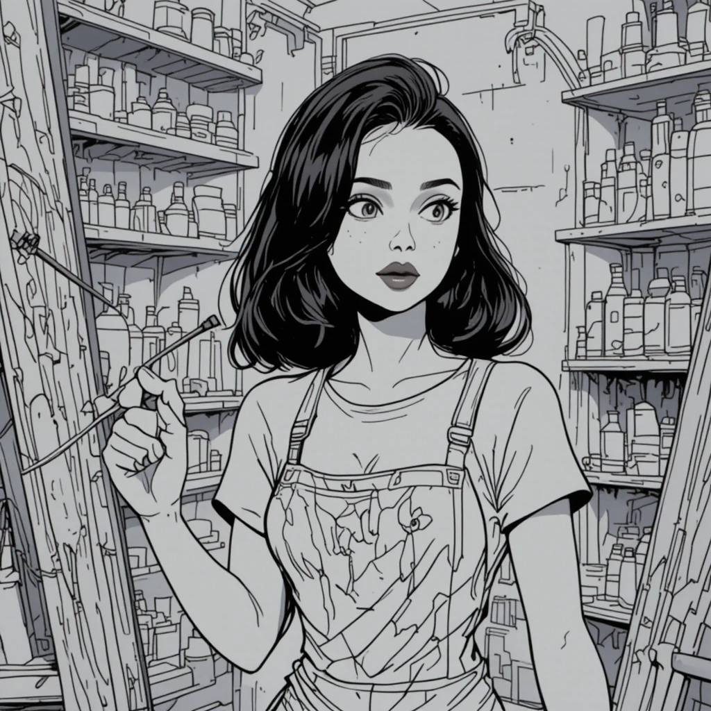 Young artist painting in a black and white line studio scene