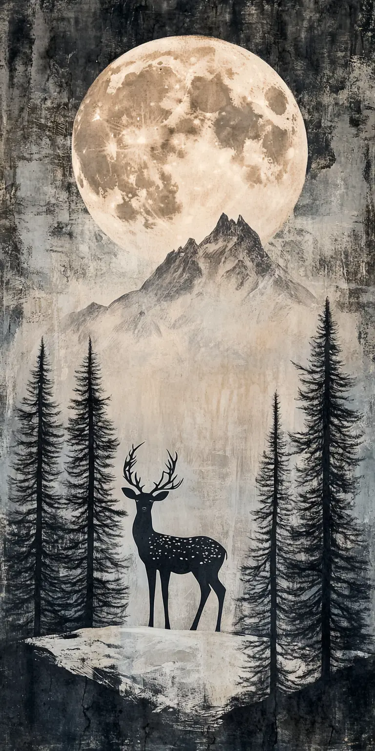 Doe And Fawn Under A Full Moon In Mountain Silhouettes