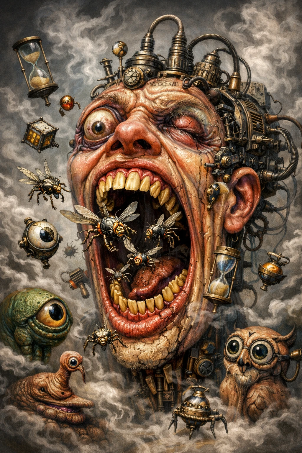Rostro surrealista distorsionado con insectos mecánicos y máquinas